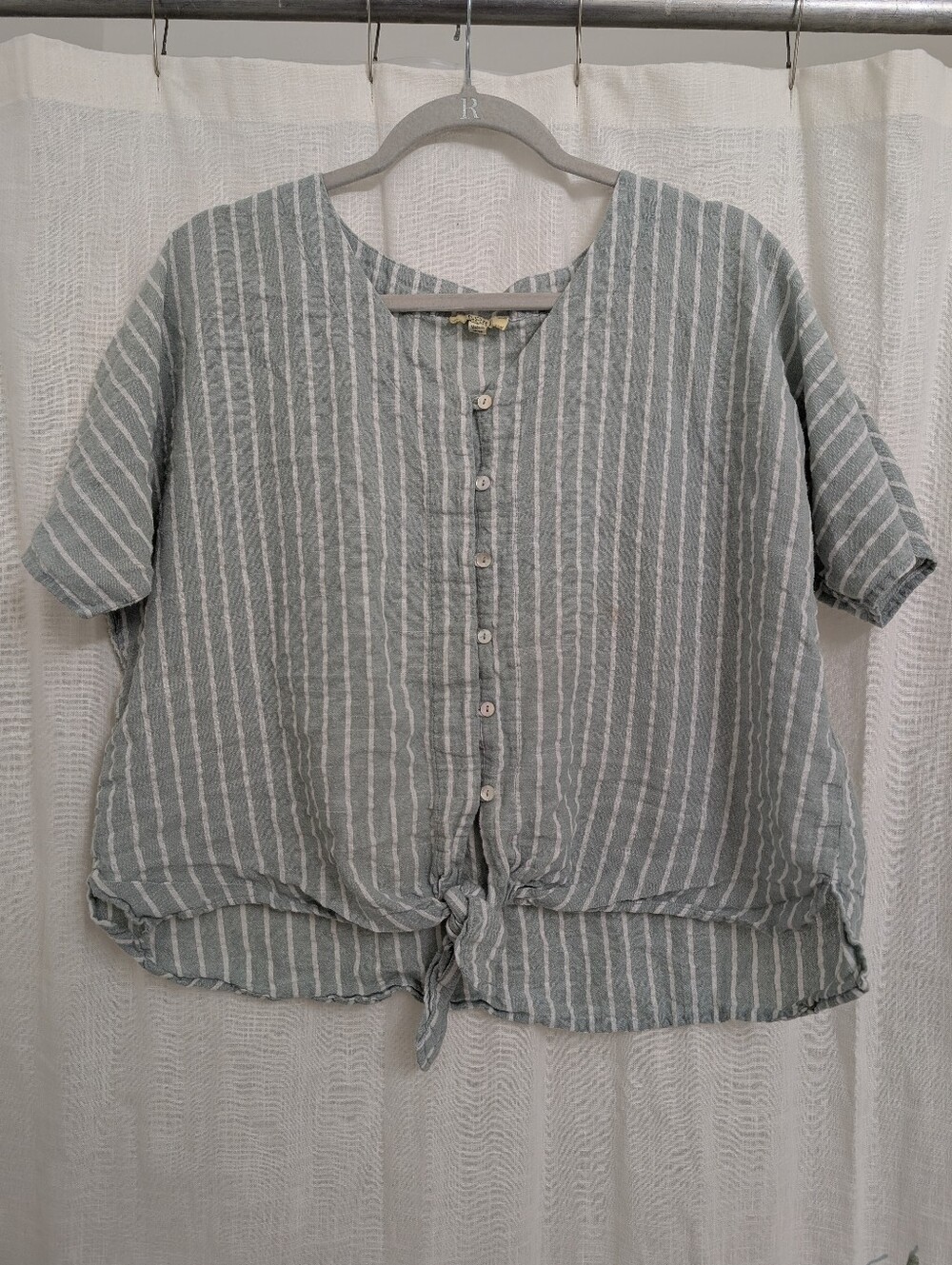Kori America Sage Green Striped Tie Front Linen Blend Blouse Size Large